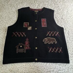 Woolrich Women's 100% Wool Button Up Black Vest XL Cottagecore Nature Bear